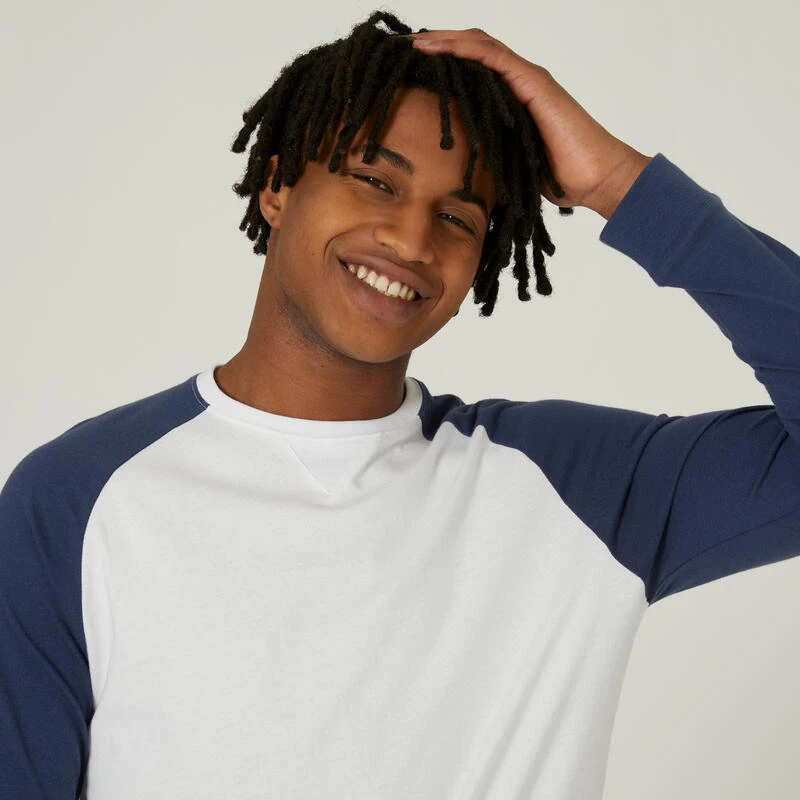 Camiseta Fitness Manga Larga Recta Algodón Hombre Domyos 520 Blanco Y Azul 5 Camiseta Fitness Manga Larga Recta Algodón Hombre Domyos 520 Blanco Y Azul - Imagen 3