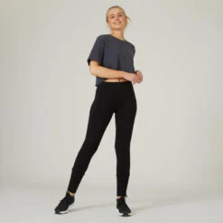 Pantalón Jogger Fitness Ajustado Algodón Con Bolsillos Mujer Domyos 520 Negro -Fit Tienda pantalon jogger fitness ajustado algodon con bolsillos mujer domyos 520 negro 2